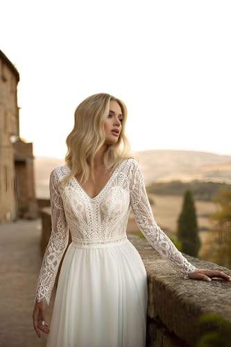 Long Sleeves Lace Applique Wedding Dresses for Bride Chiffon A-Line Evening Formal Party Bridal Gown with Train3