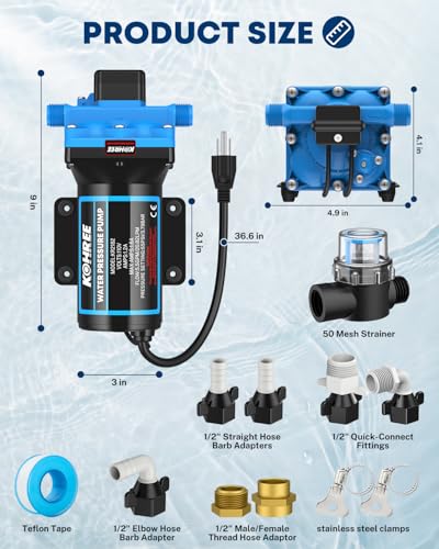 Image of Kohree 110V AC Water Pressure Pump, 5.5GPM 55 PSI, On Demand Self-priming RV Fresh Water Pump, 4-Chamber Diaphragm Pump with Pressure Switch and Strainer for RV, Marine, Garden, Kitchen, Bathroom