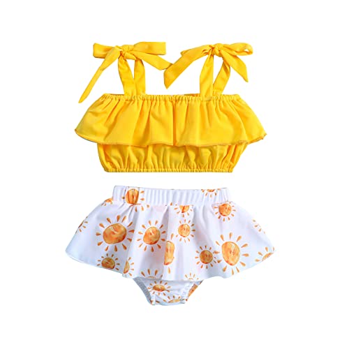 Badeanzug für Babys, Mädchen, Bikini-Set, bedruckt, Sonnenuntergang, Crop-Top, mit Trägern und Rüschen, 2-teiliges Set, Sommerkostüm für Schwimmen, Strand, Pool, Urlaub, gelb, 80