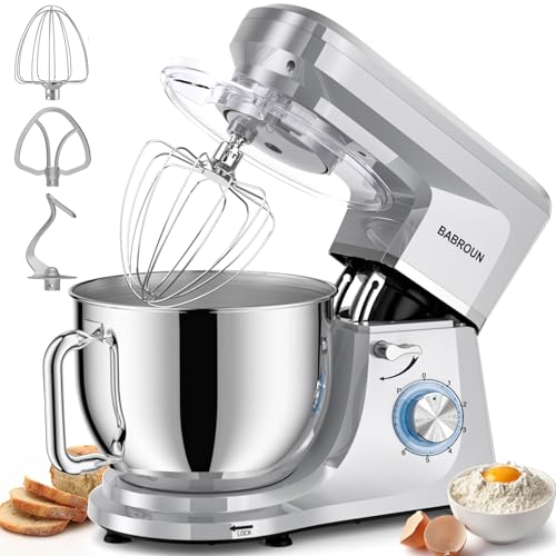 Babroun Dough Mixer 8.45 QT Electric Mixer - 660W 6 Speed Large Capacity Kitchen Stand Mixer with Whisk Dough Hook Mixing Beater Household Food Mixer for Baking Cakes Cookie Bread Salad(Silver)