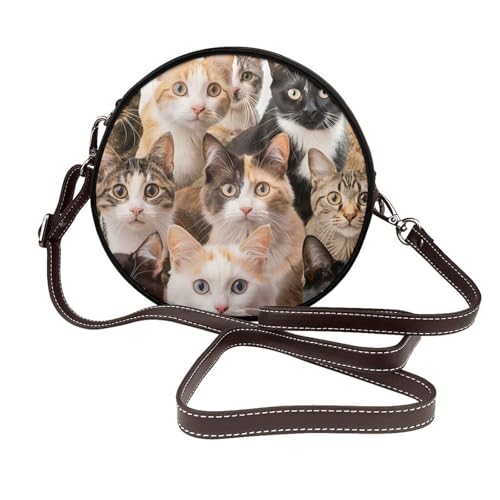 Sac à bandoulière rond en cuir végétalien coloré pour femme avec motif chat