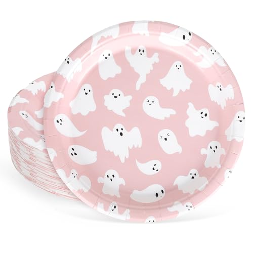 Whaline 40Pcs Halloween Paper Plates Pink Ghost Disposable Plates 9 Inch Cute Cartoon Ghost Decorative Round Plates for Halloween Summerween Party Birthday Baby Shower Table Decor