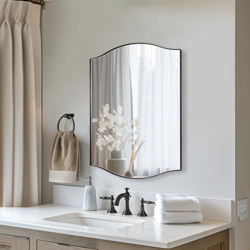 Image of ANDY STAR Scalloped Bathroom Mirror,24 inchx32 inch Black Rectangle Wall Mirror with Curved Edge Stainless Steel Metal Frame, Irregular Vanity Wall-Mounted Mirror for Bathroom, Entryway