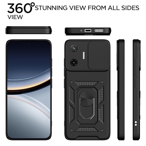 Image of Outlouders Back Cover for Poco F7 5G | D10 Tough Armor 360 Protection Case with Sliding Camera Shield & Ring Holder Stand Bumper Case (Black)