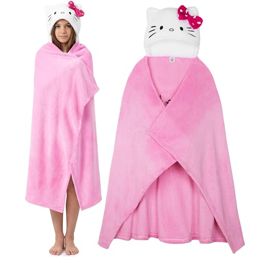 Hello Kitty Sanrio Kuscheldecke mit Kapuze 120x150cm Kawaii Plüsch Fleece Decke Kuromi Cinnamoroll Anime Geschenke für Frauen & Teenager (Rosa Hello Kitty)