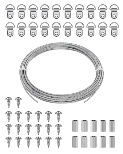 Image of Uniclife Picture Hanging Wire, 23 Feet 1 /32 inch Picture Wire Kit with D-Ring Hangers, Stainless Steel Wire Rope for up to 110 lbs, Trellis Wire Cable for Pictures Photo Frames and String Lights