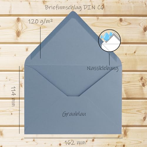 50 Brief-Umschläge - Grau-Blau - DIN C6-114 x 162 mm - Kuverts mit Nassklebung ohne Fenster für Gruß-Karten & Einladungen - FarbenFroh by GUSTAV NEUSER