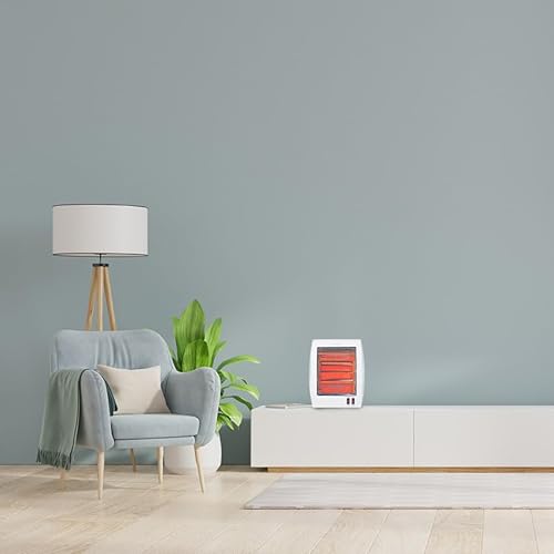 Weißer Ofen mit 2 Quarzstäben, Kippschutzsystem und Leistungsstufen von 400-800 W. Ideal zum effizienten und sicheren Beheizen von Räumen.