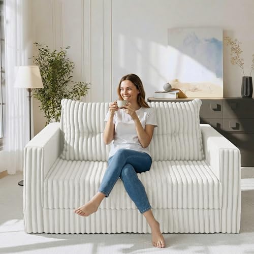 Image of HABUTWAY 41.3 inch Loveseat Boneless Couch, 4-in-1 Convertible Sofa Bed, Plush Fur Folding Futon Sofa Bed Couches with a Pillow for Living Room, High-Density Foam Support, No Assembly Required, Beige