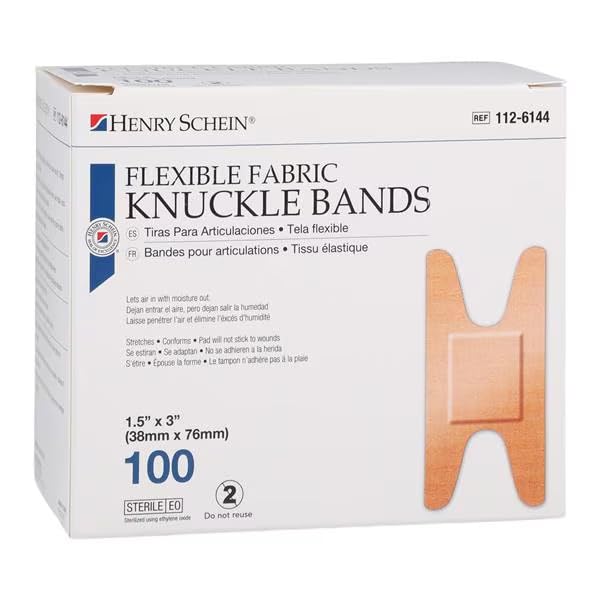 Henry Schein Fabric Knuckle Flexible Adhesive Bandages – 100 Count (1 Pack) Bandages with Non-Stick Pad, Latex Free, Wound Care for First Aid Kit, 1.5” x 3