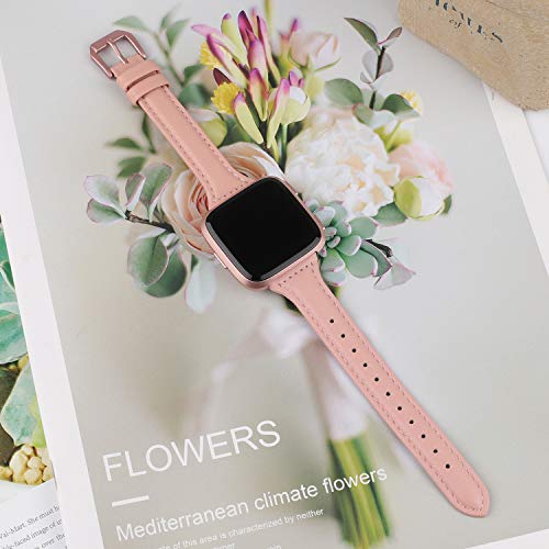 Toyouths Leather Strap Compatible With Fitbit Versa/Versa 2 Bands Women Men Slim Genuine Leather Wristbands Replacement For Versa Lite Edition/Versa Se Accessorie (Blush Pink+Rose Gold Buckle) #TOP3