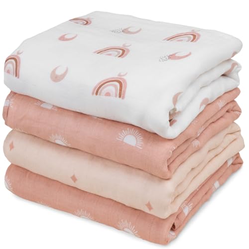 GLLQUEN BABY Muslin Swaddle Blankets 4-Pack Breathable Receiving Blankets (35' x 40') Soft Baby Blankets for Girls and Boys Newborn Essentials Muslin Burp Cloths Swaddle Wrap Baby Gift (Sun)