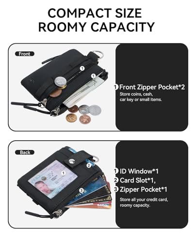 Image of BOSTANTEN Small Wallet RFID, Minimalist Zip ID Case Wallet with Lanyard Keychain, Water Resistant Card Wallets for Women & Men, Black