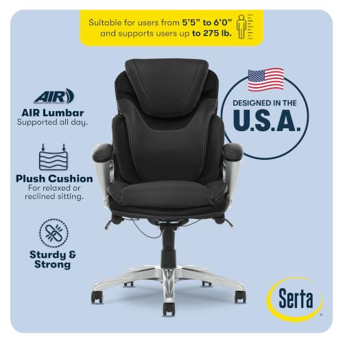 Image of Serta Bryce Executive Office Chair - Ergonomic Computer DeskChair with Lumbar Technology - Adjustable Height - Memory Foam Body Pillows - 360 Swivel Rolling Base - Bonded Leather - Black