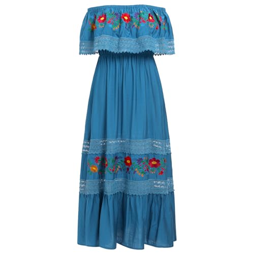 Image of ABEHIK Mexican Dress for Women Traditional Off Shoulder Embroidered Present Casual Lace Long Maxi Dress Cinco de Mayo Outfit