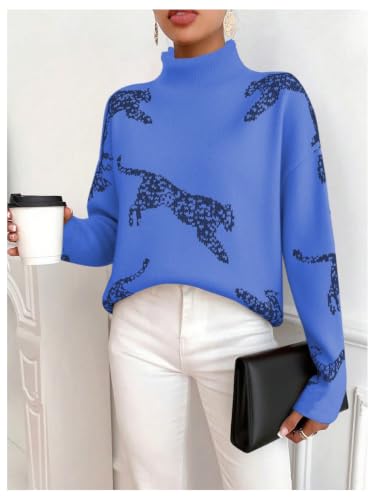 Image of WDIRARA Women's Leopard Tiger Print Sweater High Neck Long Sleeve Fuzzy Knitted Pullover Top