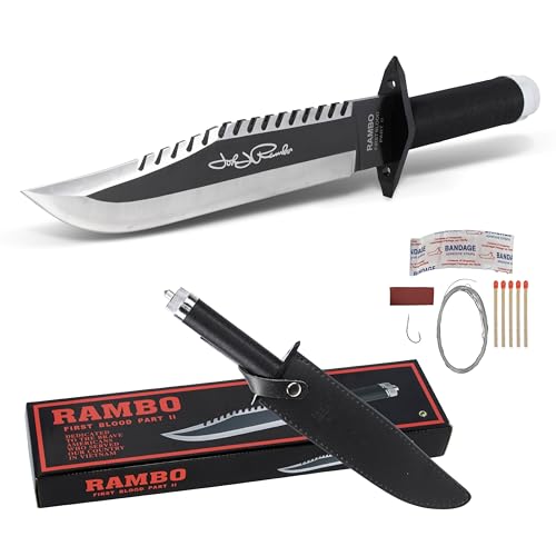 VIKING GEAR Rambo Messer John Rambo First Blood Part II Signature Edition Rambomesser mit Kompass, Haken zum Angeln mit Schnur, Pflaster, Streichholz und Messerscheide PU Leder