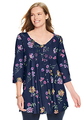 Woman Within Women's Plus Size V-Neck Pintucked Tunic - 22/24, Navy Marigold Floral Blue #TOP16