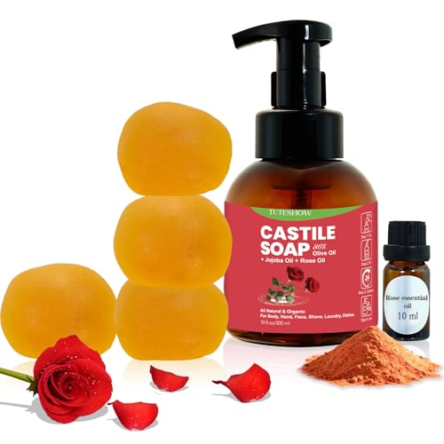 Tuteshow Castile Soap Liquid Base Individually Wrapped, All-In-1 Pure Castile Persimmon Soap with Rose Oil, Suitable for Hand, Dishes, Laundry, Home Cleanser, 10.12 fl.oz