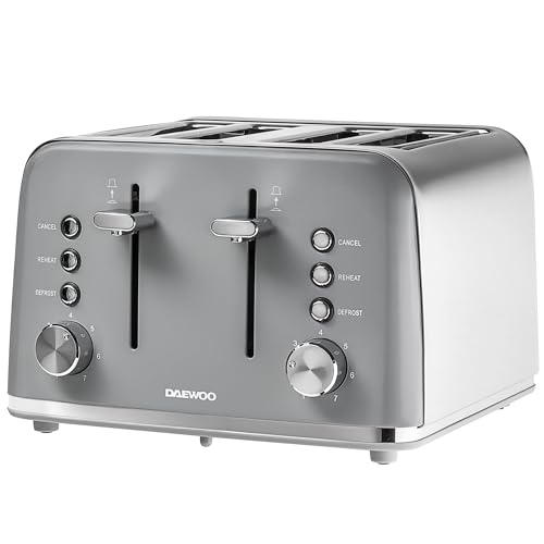 Daewoo Kensington, Toaster 4 Slice, Stainless Steel, Removable Crumb Tray, Defrost, Reheat And Browning Controls, Cancel Function, High Lift Lever, Easy To Clean, Grey