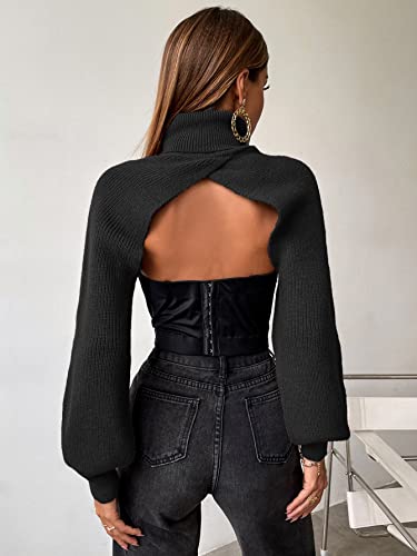 Sweatyrocks Women's Lantern Sleeve Turtleneck High Neck Pullover Sweater Super Crop Top With Bandeau Top Black L #TOP1