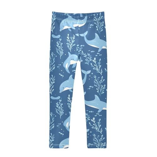 Cute Dolphins Girls' Leggings Toddler Doodles Sea Plants Blue Kids Yoga Pants Dance Active Tights 4T