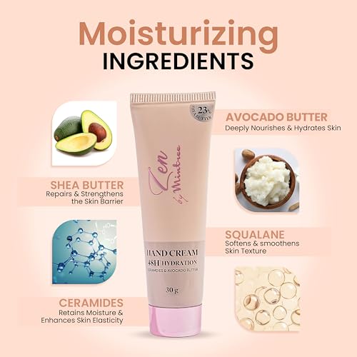 Image of Mintree Hand Cream for Men and Women, Lightweight & Hydrating with Shea Butter, Avocado Butter, Ceramides & Squalane, Beige | 48 HR Hydration & Woody Scent | Suitable for All Skin Types, 30 g