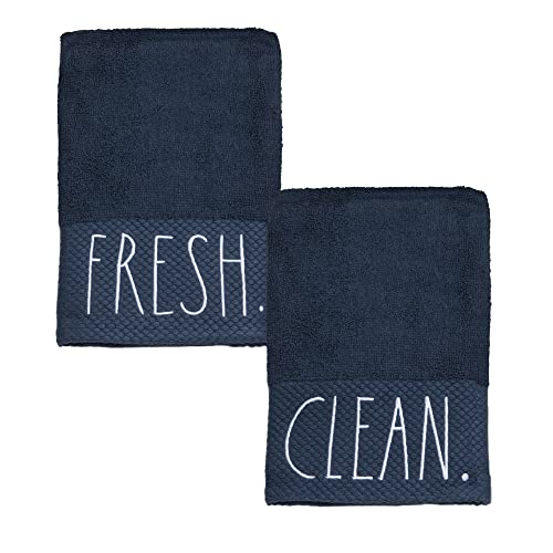 Rae Dunn Hand Towels, Embroidered Decorative Hand Towel for Kitchen and Bathroom, 100% Cotton, Navy- Fresh, Clean, 16