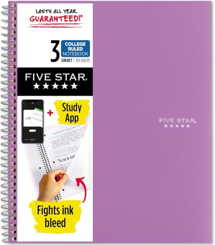 Image of Five Star Spiral Notebook + Study App, 3 Subject, College Ruled Paper, 8-1 /2 inch x 11 inch, 150 Sheets, Fights Ink Bleed, Water Resistant Cover, Amethyst Purple (38746) (Pack of 6)