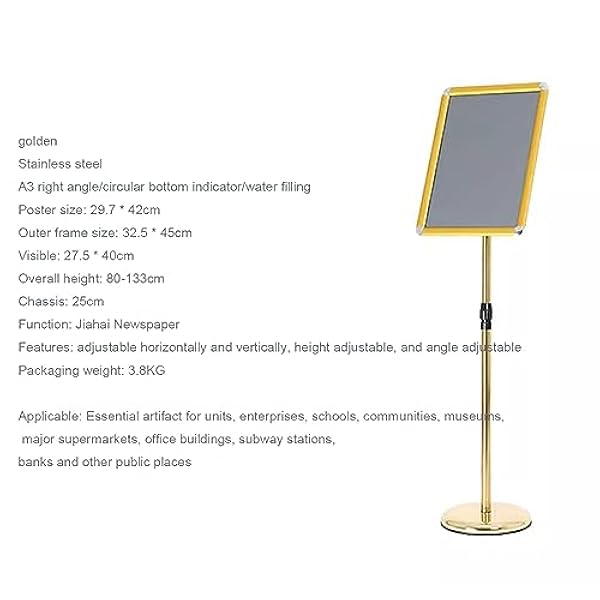 Verstelbare A3-posterstandaard, vloerbordhouder, zware ronde basis, zowel verticaal als horizontaal weergegeven, goud A
