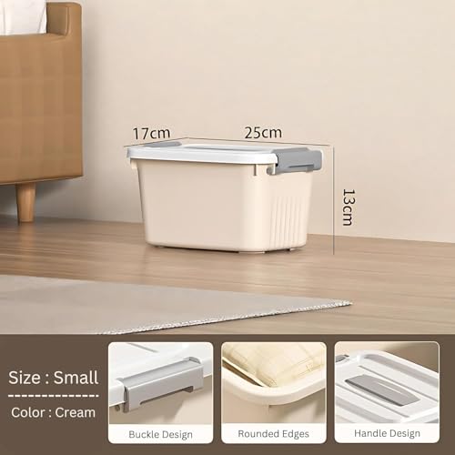 Image of Ash & Roh Plastic Storage Box /Bin /Container with Locking Lid - Sturdy and Versatile Home Organizer, Available in Multiple Size. (1, CREAM, small-17cm X25cm X13 cm)