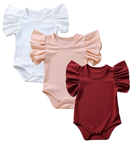 Image of Baby Girls' Short-Sleeve Bodysuit Funny Ruffles Flower Jumpsuit Outfit for Infant Toddlers 3-Pack