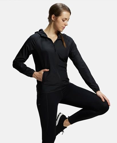 Image of Jockey MW50 Women's Microfiber Fabric Relaxed Fit Raglan Styled Water Resistant Hoodie Jacket with Stay Dry Treatment