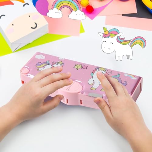 Image of LONGMIRE Plastic Multi-Functional Unicorn Theme Magnetic Pencil Box for Kids Compass Box for Girls Stationery Box Buttons Operated Pencil Box for Kids with Accessories (Multicolor)