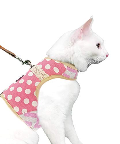Yizhi Miaow Cat Harness And Leash For Walking Escape Proof, Adjustable Cat Vest Harness, Padded Stylish Cat Walking Jackets, Polka Dot Pink, X-Small #TOP11