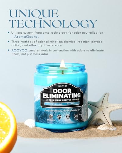 Image of AOOVOO Fantasy Ocean Odor Eliminating Highly Fragranced Candle - Eliminates 95% of Pet, Smoke, Food, and Other Smells Quickly, Non Toxic Air Freshing Soy Candle, 9 oz Up to 50 Hours Burn time