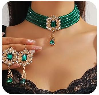 Missgrace Women Silver Black Green Red Rhinestone Crystal Tassels Bridal Necklace Earrings Sets Teardrop Necklace Dangle Earrings Set for Wedding Brides Bridesmaid