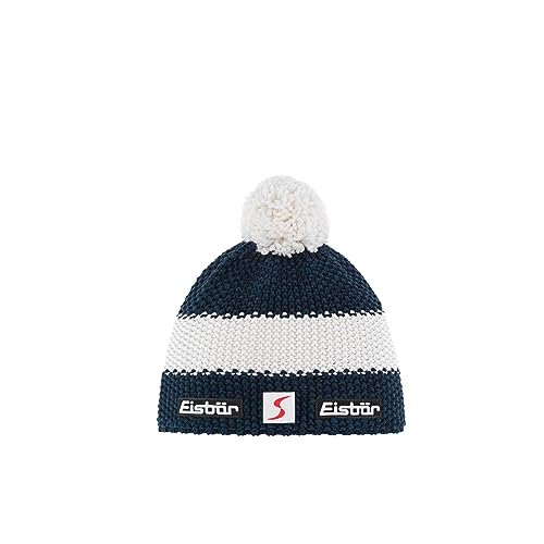 Eisbär Skipool Bommelmütze Beanie Strickmütze Wollmütze Wintermütze Skimütze Damen/Herren - Made in Austria mit Futter, Futter Winter Herbst-Winter - One Size blau-weiß