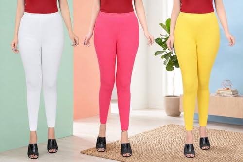 Image of Women Ankle Length Leggings Combo Multicolour Stretchable Cotton Yoga Gym Workout Pants Lyra Jeggings Casual Slim Fit