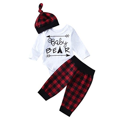 Infant Newborn Baby Boy Girl Long Sleeve Bear Romper+Plaid Long Pants+Hat Outfits Clothes Set (0-6 Months, White+Red)