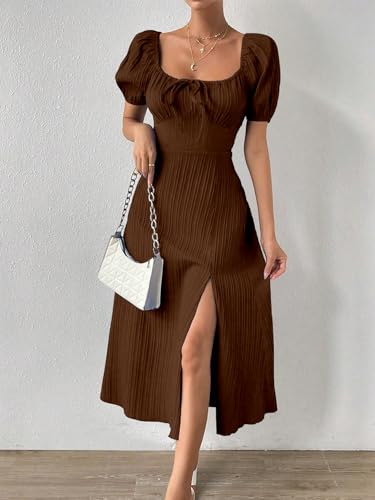Image of Shasmi Women's & Girl's Tie Front Split Thigh Milkmaid Maxi Dress - Square Neck Puff Sleeve A-Line Long Dress, Elegant Casual & Parties Wear for Ledies (Dress 245)