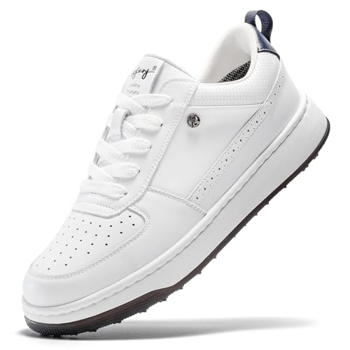UOFEIY Men's Golf Shoes Spikeless, Water-Resistant Leather Upper, Comfortable Walking Cushion, Rubber Traction Outsole, Breathable Perforated Design, Golf Sneakers White&Blue 10