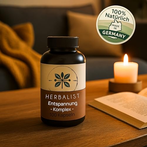 Herbalist Entspannung Komplex – Ashwagandha mit Baldrian, Melisse, Kamille, L- Theanin und Hopfen, 100 vegane Kapseln, ohne Koffein