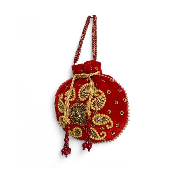 Trendy Crafts- Velvet Handmade Embroidery Beads Work Potli | Embroidered Women Wristlet Bag | Thread Work Wallet | Bridal Batwa Bags | Clutch Bags for Return Gifts - Image 6