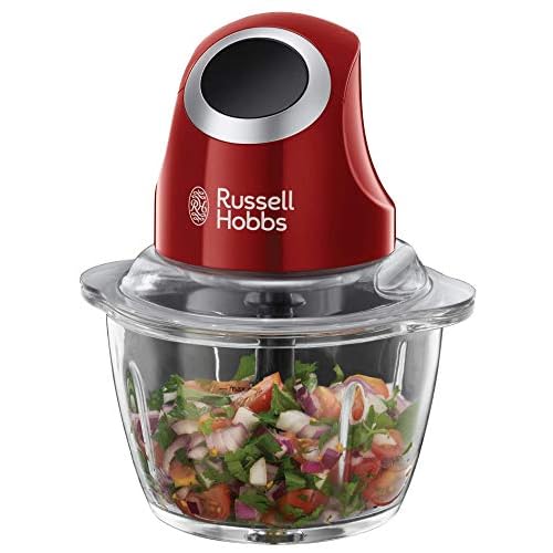 Russell Hobbs Mini hachoir électrique [Multifonction] Desire Rouge (pour légumes, fruits & viandes, un bouton de fonctionnement, bol en verre 500ml, lame en acier, couvercle de conservation) 24660-56