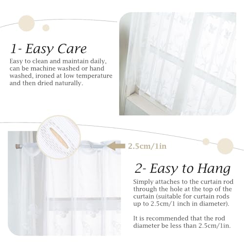 DHSWNNG 4er Scheibengardine, 130x45cm Bistrogardine Kurzstores Blume Weiß Halbtransparent Besticke Scheibengardinen Modern Kurze Halbtransparente Vorhänge für Wohnzimmer und Küche