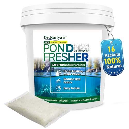 Dr. Raifya's Pond Fresher - 16 Packets - Pond Water Treatment for Outdoor Areas, Long-Lasting Clean Water & Odor with Beneficial Bacteria, Easy to Use