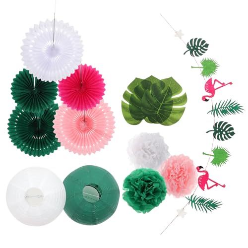 Banner de hojas de palmera y adornos tropicales para ambientar tu terraza en la fiesta hawaiana
