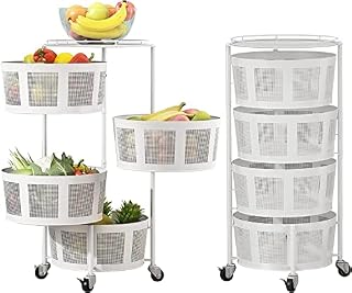 Pumpumly Rotating Kitchen Storage Shelf Rack 4 Tiers Round Metal Baskets for Fruit Vegetable Organizing for Kitchen,Bathroom,Living Room,White