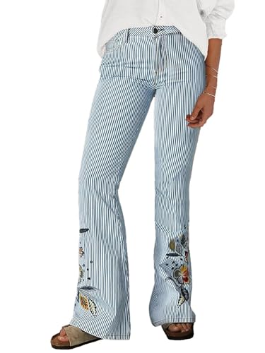 Flamingals Women's Low Rise Stretch Denim Bootcut Jeans with Striped Embroidery Casual Pants
